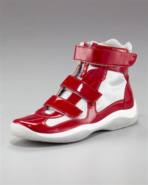 prada high top sneakers red|Prada high top designer sneakers.